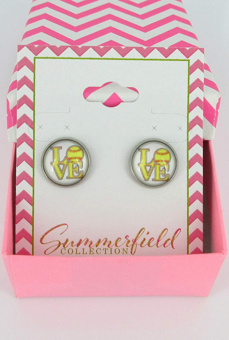 Stainless Steel Love Softball Print Glass Stud Earrings 12mm