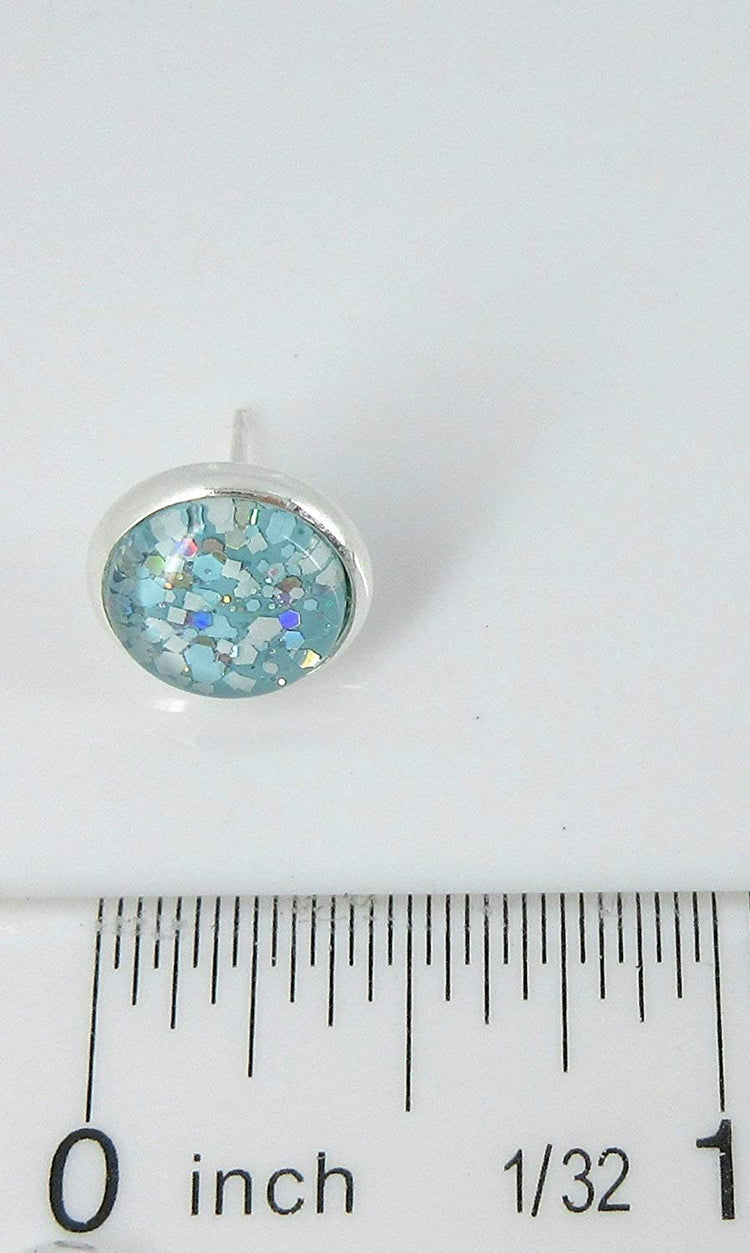 Silver-tone Blue and White Glitter Glass Stud Earrings Hand-painted 10mm