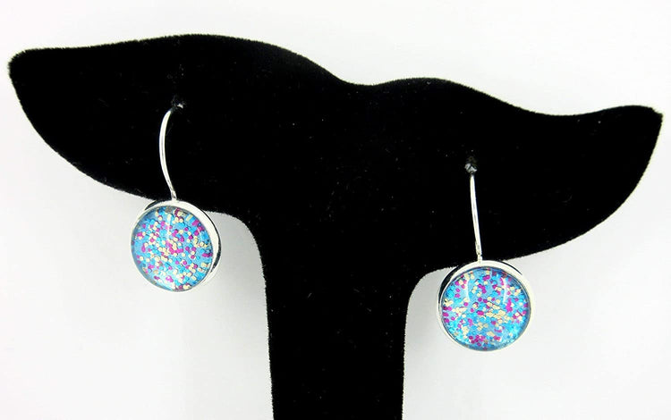 Silver-tone Blue and Pink Confetti Glitter Glass Lever-back Drop Earrings Hand-painted