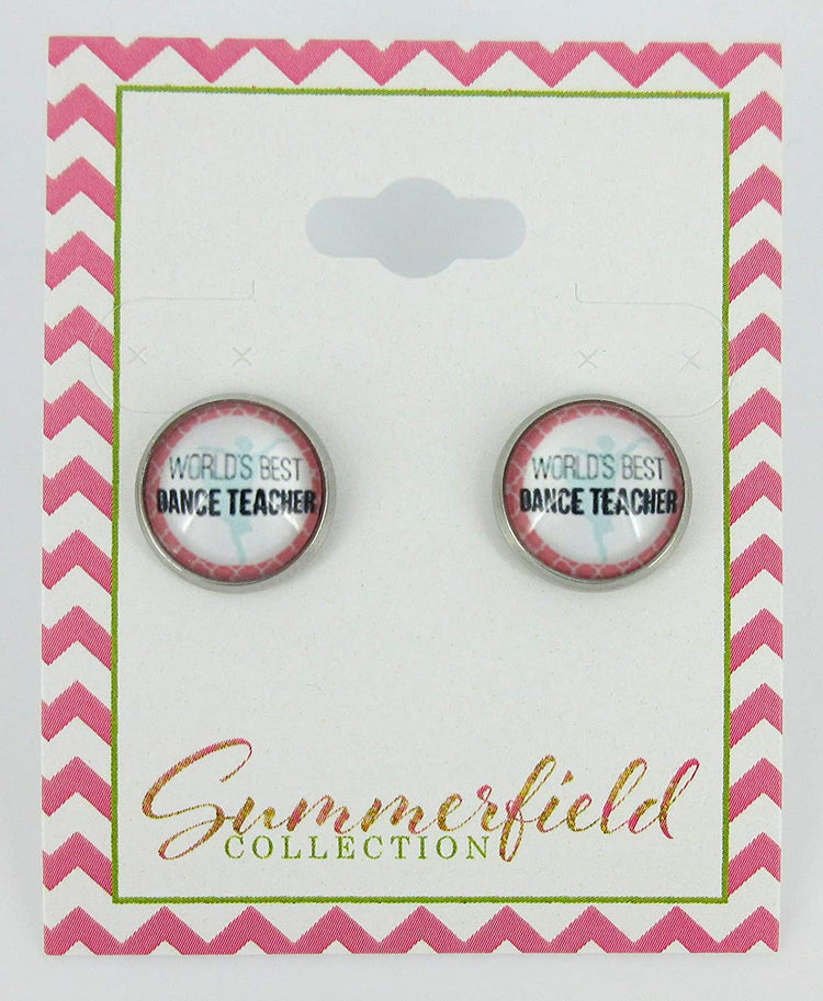 Stainless Steel World's Best Dance Teacher Print Glass Stud Earrings 12mm