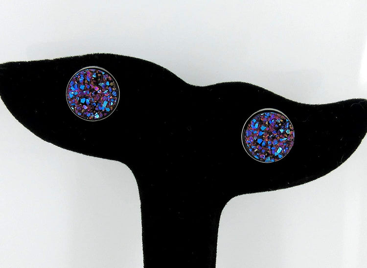 Hematite-tone Purple Pink and Teal Faux Druzy Stone Stud Earrings 12mm