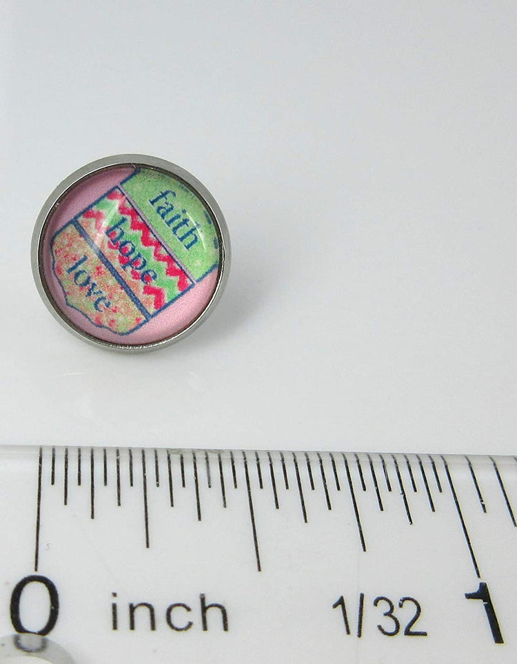 Stainless Steel Faith Hope Love Print Glass Stud Earrings 12mm