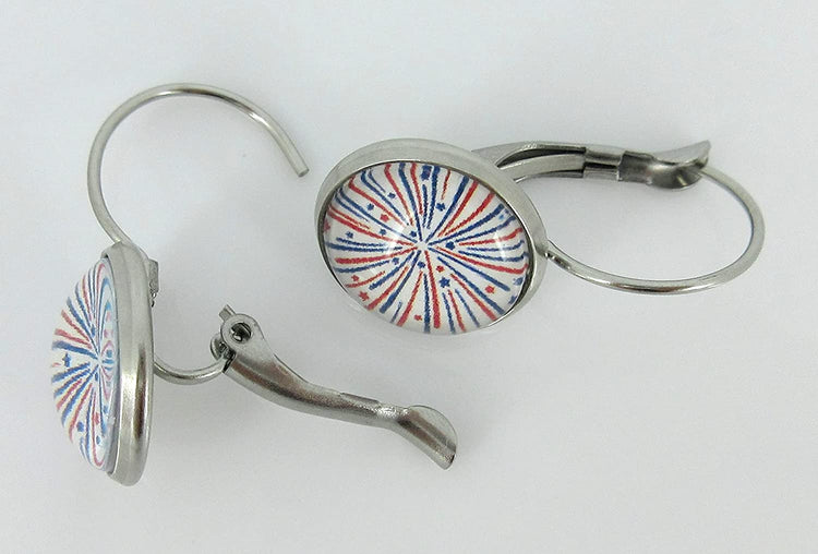 Stainless Steel Firework Print Glass Lever-back Drop Earrings 12mm Red White Blue USA