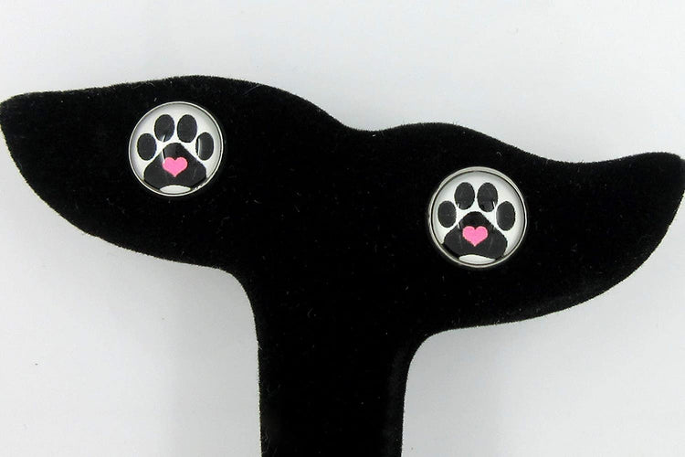 Stainless Steel Black and White Paw Print Pink Heart Glass Stud Earrings 12mm