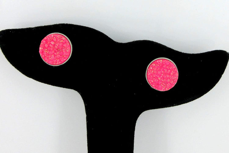 Stainless Steel Neon Pink Orange Yellow Green Faux Druzy Glitter Stone Stud Earrings Set (12mm)