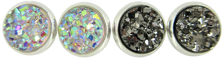 Duo Silver-tone Clear AB and Gunmetal Faux Druzy Stone Stud Earrings 8mm Set