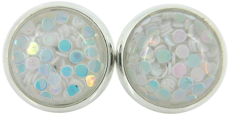 Shiny Silver-tone White Iridescent Glitter Resin Stud Earrings 10mm