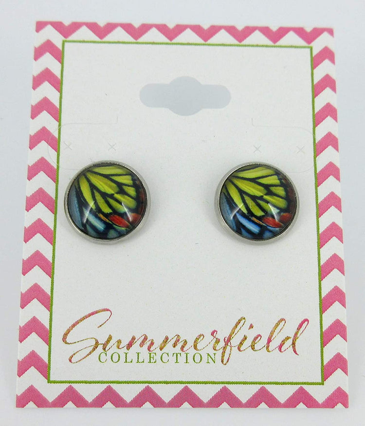 Stainless Steel Butterfly Wing Print Glass Stud Earrings 12mm