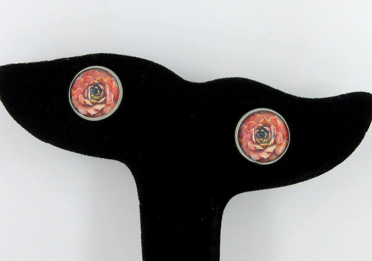 Stainless Steel Coral Succulent Plant Print Glass Stud Earrings 12mm