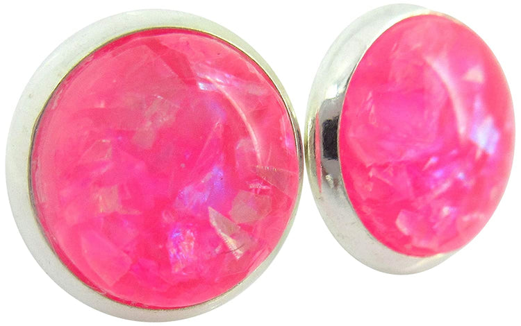 Shiny Silver-tone Opalescent Leaf Resin Stud Earrings 10mm (Cotton Candy Pink)