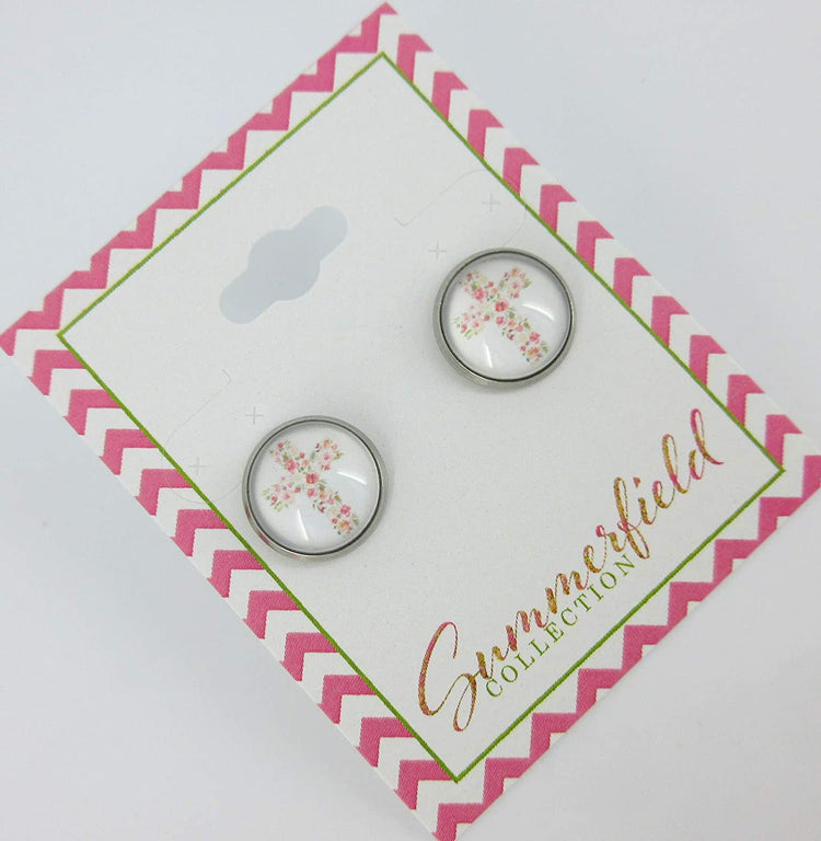 Stainless Steel White and Pink Flower Cross Print Glass Stud Earrings 12mm