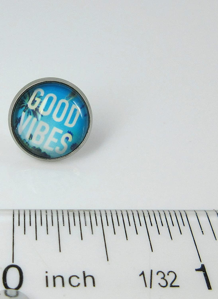 Stainless Steel Good Vibes Print Glass Stud Earrings 12mm
