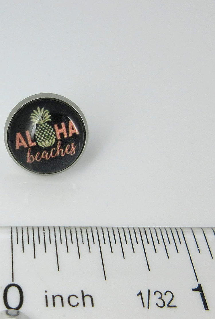 Stainless Steel Aloha Beaches Pineapple Print Glass Stud Earrings 12mm