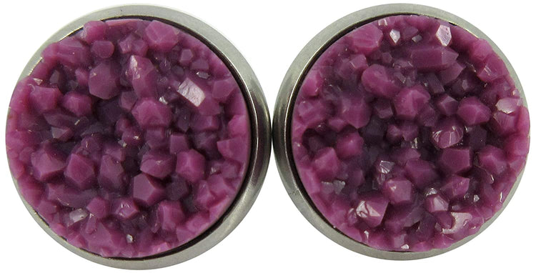 Stainless Steel Purple Faux Druzy Stone Stud Earrings 12mm