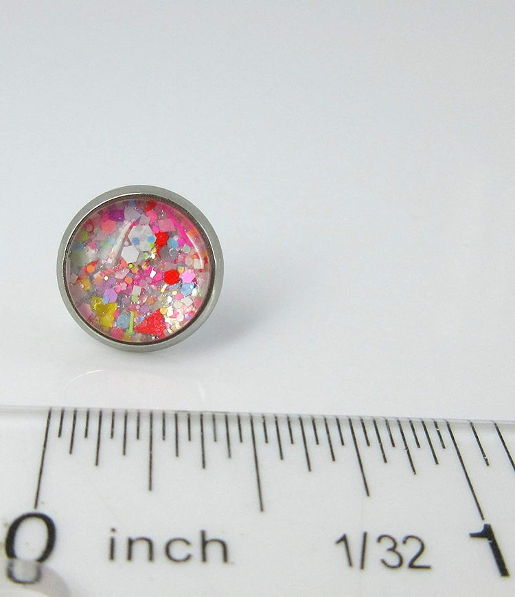 Stainless Steel Happy Confetti Glitter Glass Stud Earrings Hand-painted 10mm