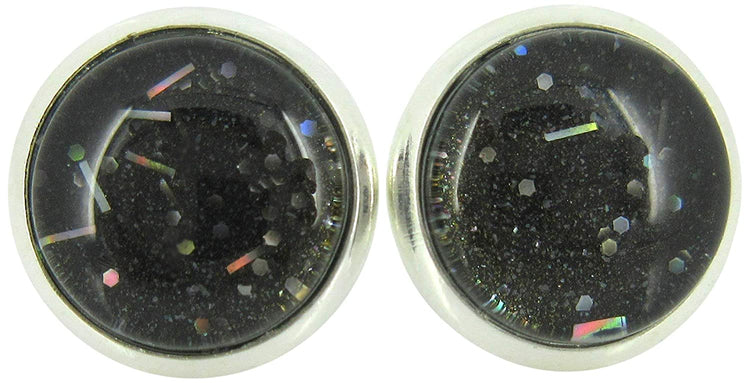 Silver-tone Black Galaxy Glitter Glass Stud Earrings Hand-painted 10mm