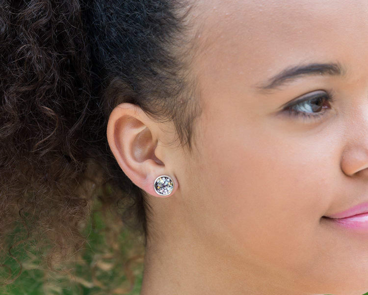 Silver-tone Burgundy Confetti Glitter Glass Stud Earrings Hand-painted 10mm
