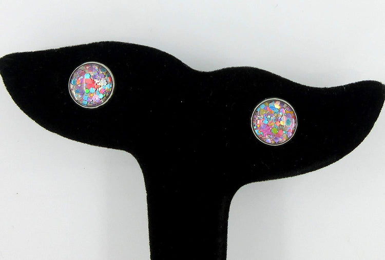 Stainless Steel Metallic Pastel Glitter Glass Stud Earrings Hand-painted 10mm