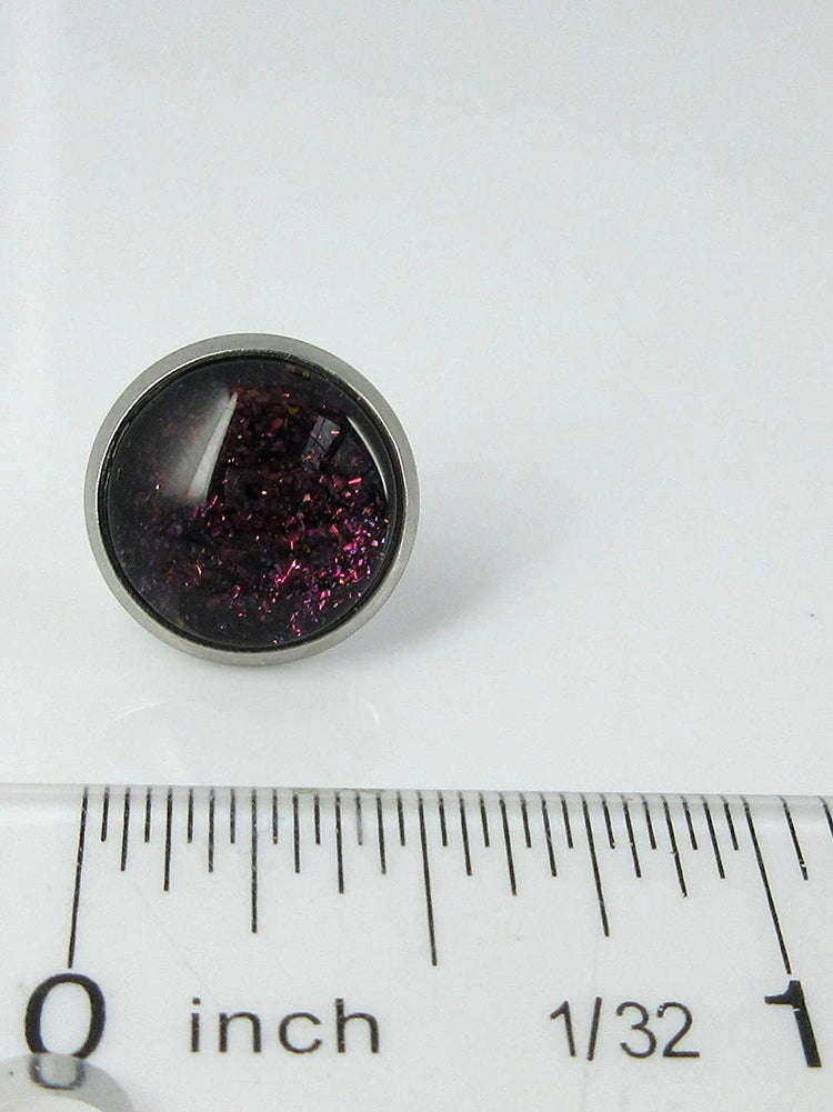 Stainless Steel Black Rainbow Duochrome Glitter Glass Galaxy Stud Earrings 1/2" Round
