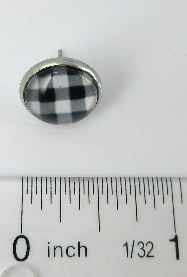 Stainless Steel Black and White Buffalo Plaid Print Glass Stud Earrings 12mm