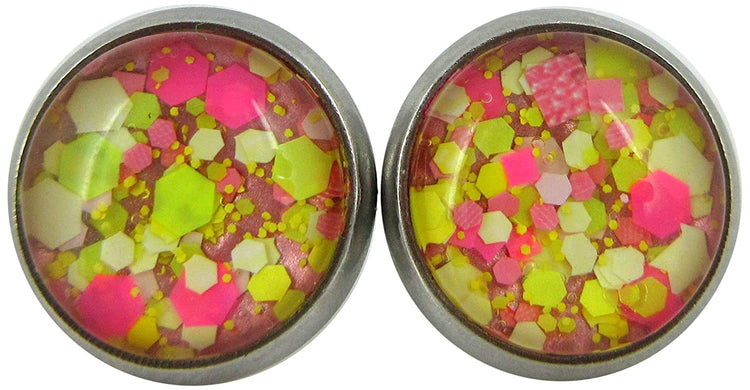 Stainless Steel Strawberry Lemonade Glitter Glass Stud Earrings Hand-painted 10mm