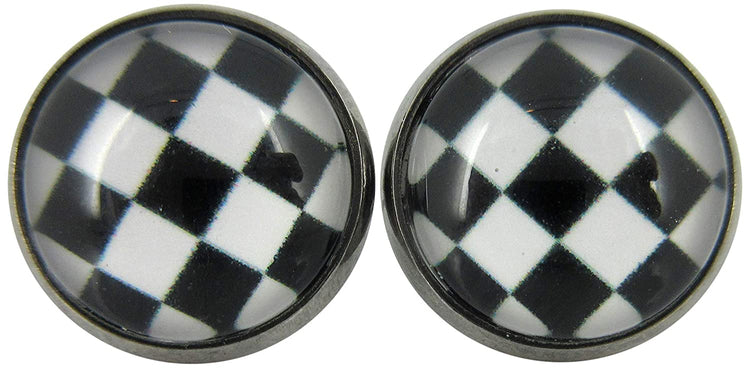 Hematite-tone Black and White Checkerboard Print Glass Stud Earrings 12mm