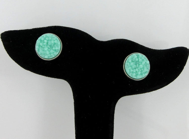 Duo Stud Earrings Stainless Steel Sweet Mint Green Faux Druzy Stone and Flamingo Print Glass 12mm Set