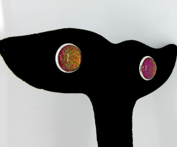 Silver-tone Red and Green Glitter Glass Stud Earrings Hand-painted 10mm