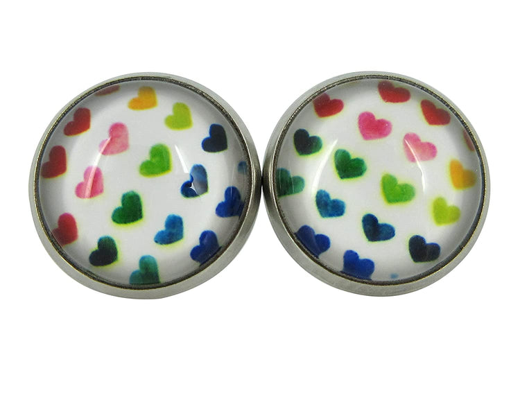 Stainless Steel Rainbow Multi Heart Print Glass Stud Earrings 12mm White Red
