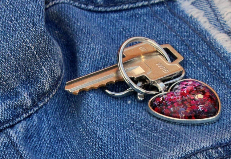 Antiqued Silver-tone Pink and Black Glitter Glass Heart Keychain Hand-painted