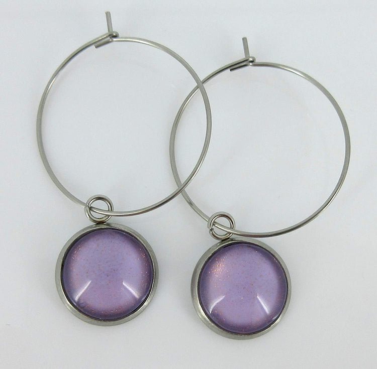 Stainless Steel Lavender Purple Glass Charm Hoop Earrings Hand-painted 1"