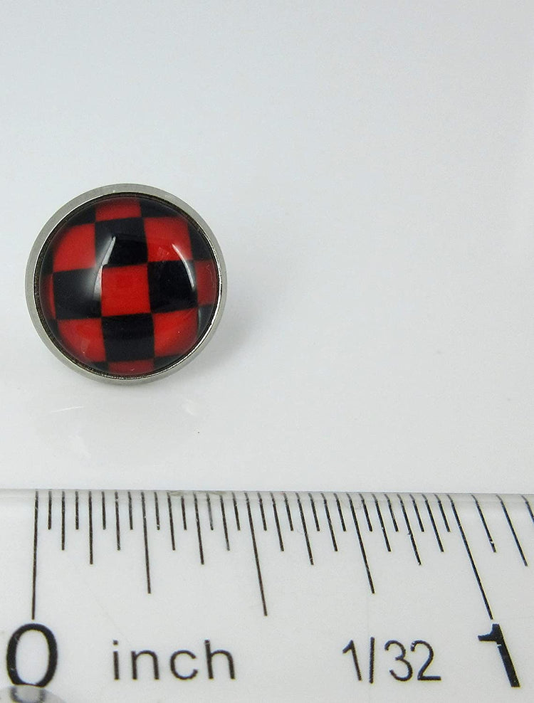 Stainless Steel Red and Black Checkerboard Print Glass Stud Earrings 12mm