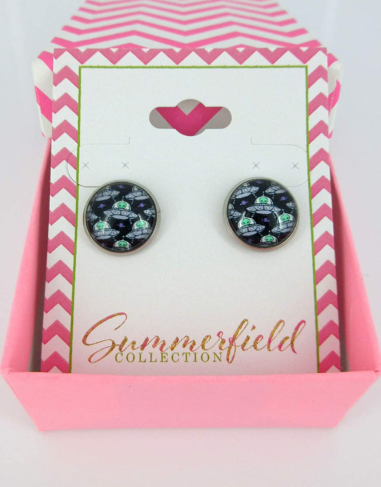 Stainless Steel Neon Green Black Silver White Alien UFO Print Glass Stud Earrings 12mm