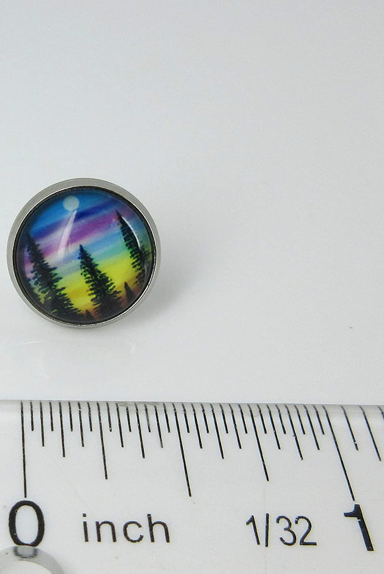 Stainless Steel Forest Rainbow Sunset Print Glass Stud Earrings 12mm
