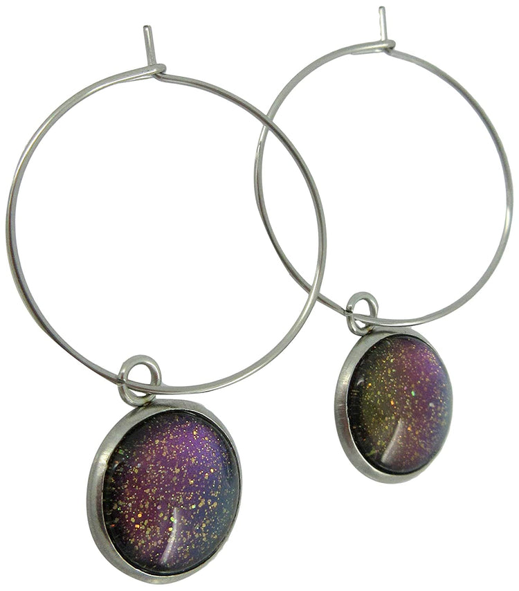 Stainless Steel Blue Purple Gray Glitter Glass Charm Hoop Earrings Hand-painted 1"