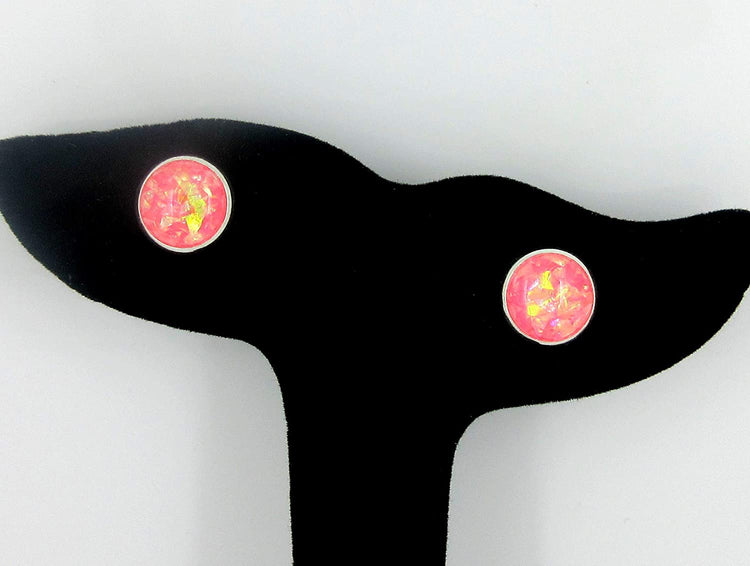 Shiny Silver-tone Opalescent Leaf Resin Stud Earrings 10mm (Cotton Candy Pink)