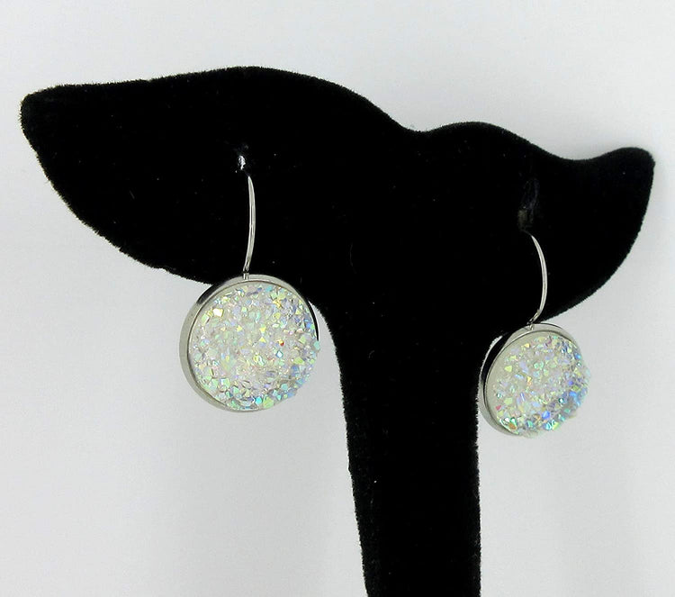 Stainless Steel Clear AB Faux Druzy Stone Lever-back Drop Earrings 14mm