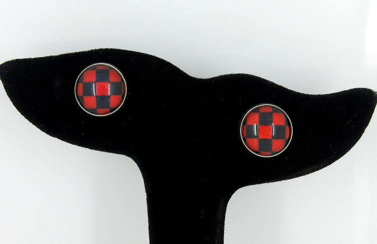 Stainless Steel Red and Black Checkerboard Print Glass Stud Earrings 12mm