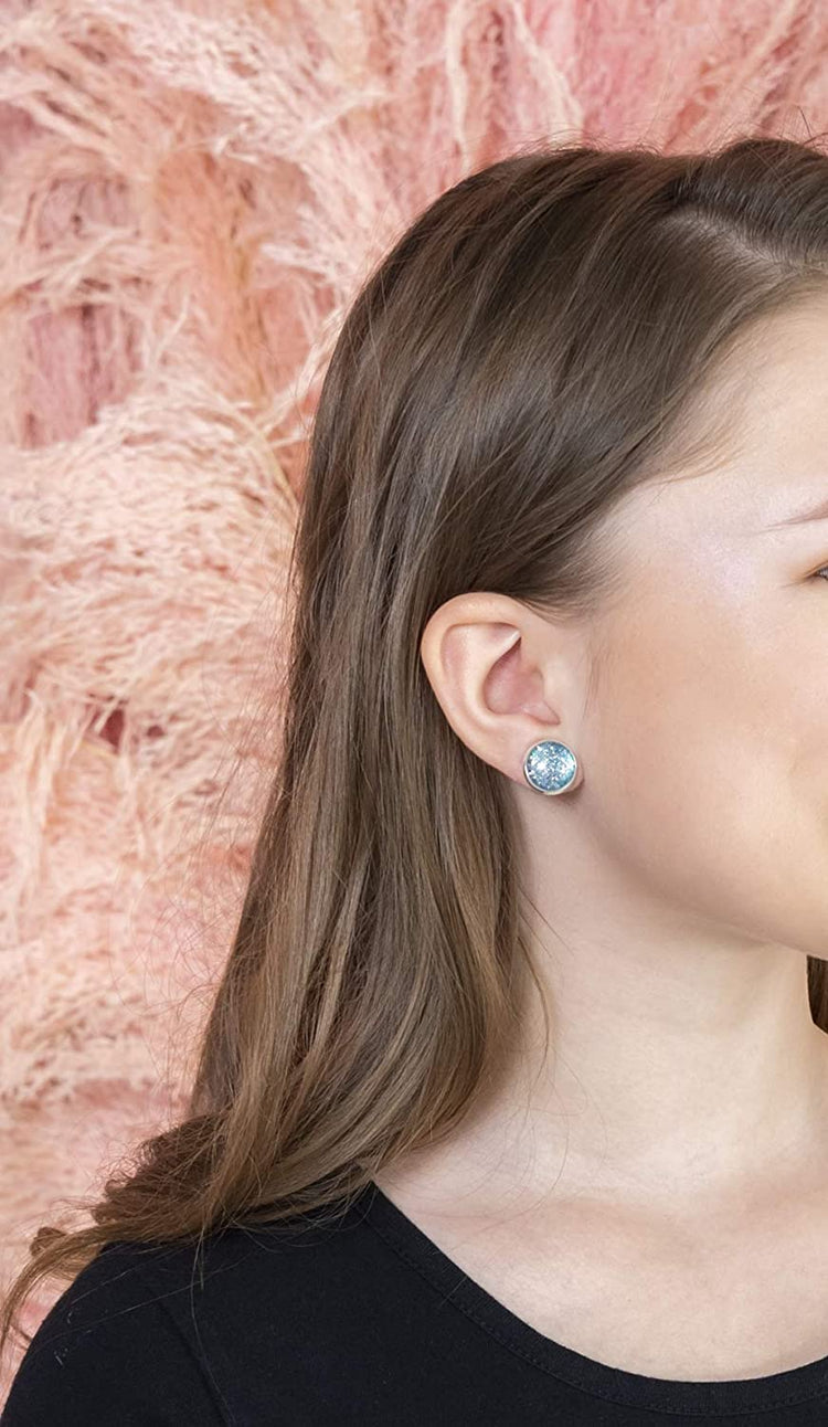 Silver-tone Twinkle Glitter Glass Galaxy Stud Earrings Hand-painted 12mm