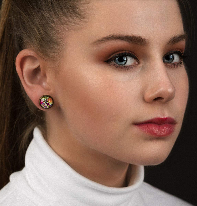 Antiqued Gold-tone Paisley Print Glass Stud Earrings 12mm