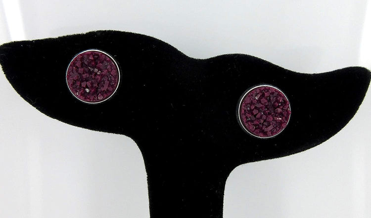 Duo Stud Earrings Silver-tone Gray and Eggplant Faux Druzy Stone 12mm Set