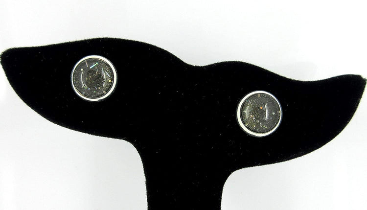 Silver-tone Black Galaxy Glitter Glass Stud Earrings Hand-painted 10mm