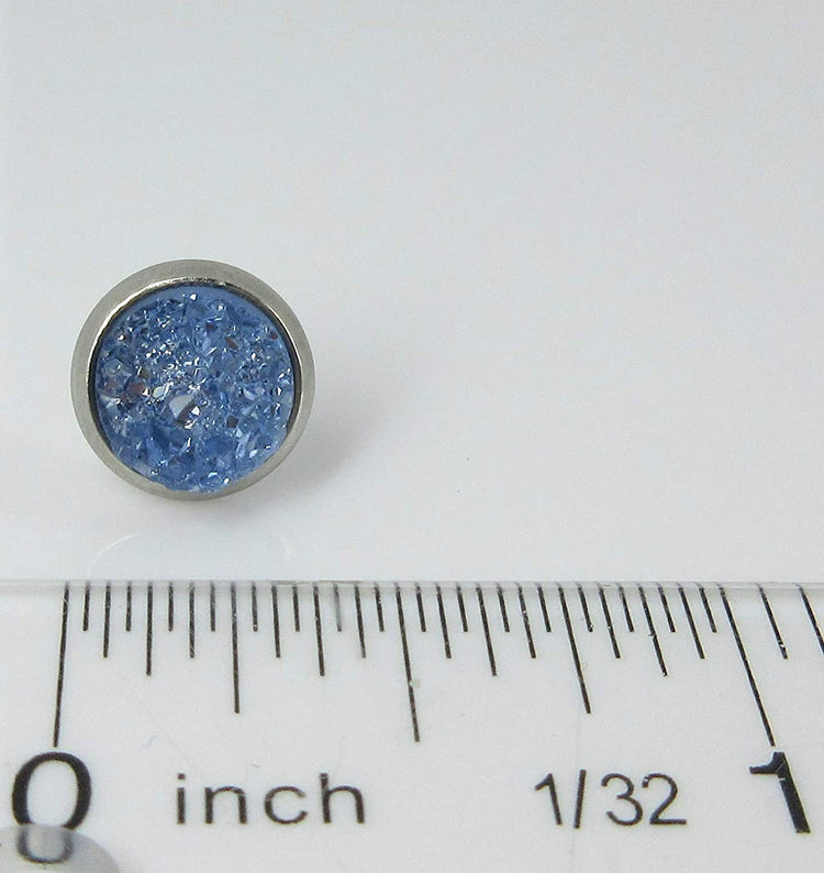 Stainless Steel Glacier Blue Faux Druzy Stone Stud Earrings 8mm