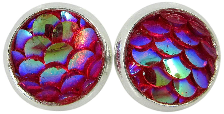 Silver-tone Metallic Mermaid Scale Stud Earrings 8mm (Blue/Green)