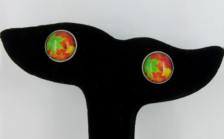 Stainless Steel Fall Leaves Green Orange Yellow Print Glass Stud Earrings 12mm