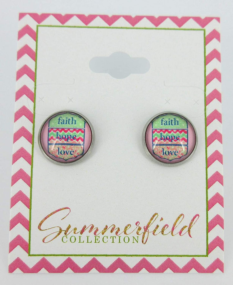 Stainless Steel Faith Hope Love Print Glass Stud Earrings 12mm
