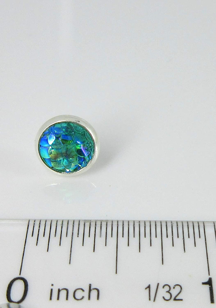Silver-tone Aqua Blue Green Metallic Mermaid Scale Stud Earrings 8mm