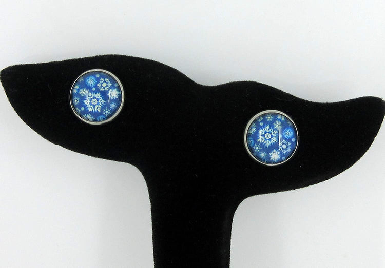 Stainless Steel Snowflake Print Glass Stud Earrings 12mm