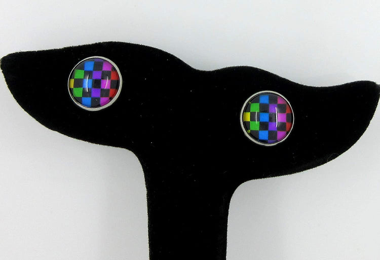 Stainless Steel Rainbow and Black Checkerboard Print Glass Stud Earrings 12mm