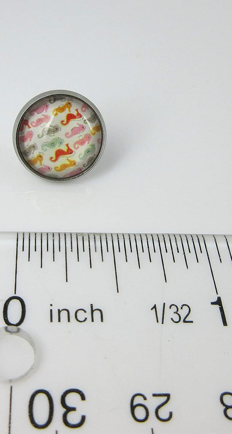 Stainless Steel Colorful Seahorse Print Glass Stud Earrings 12mm